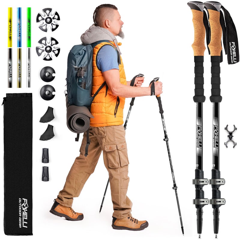 Foxelli Trekking Poles â€“ Lightweight Collapsible Aircraft Grade Aluminum Hiking Poles with Cork Grips Quick Locks & All-Terrain Accessories â€“ Pair of 2 - Image 1