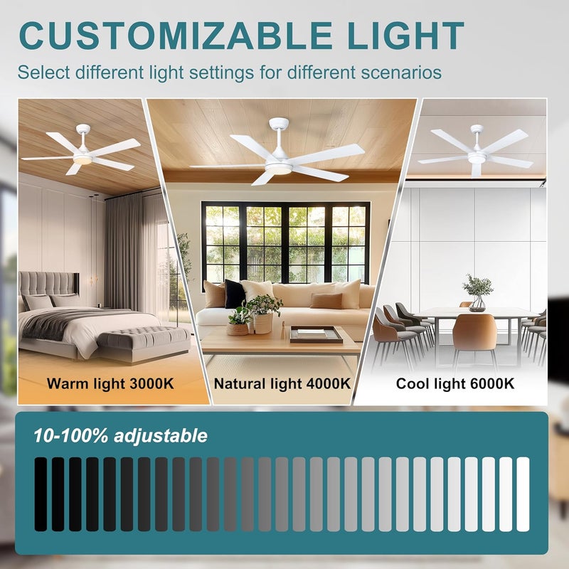 Ohniyou 52 Inch Ceiling Fan with Lights and Remote Control, 6 Speeds Dimmable Light, Quiet Reversible Motor, Modern Ceiling Fan for Kitchen, Bedroom, Porch(White) - Image 3