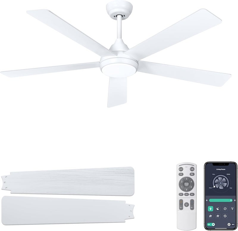 Ohniyou 52 Inch Ceiling Fan with Lights and Remote Control, 6 Speeds Dimmable Light, Quiet Reversible Motor, Modern Ceiling Fan for Kitchen, Bedroom, Porch(White) - Image 1