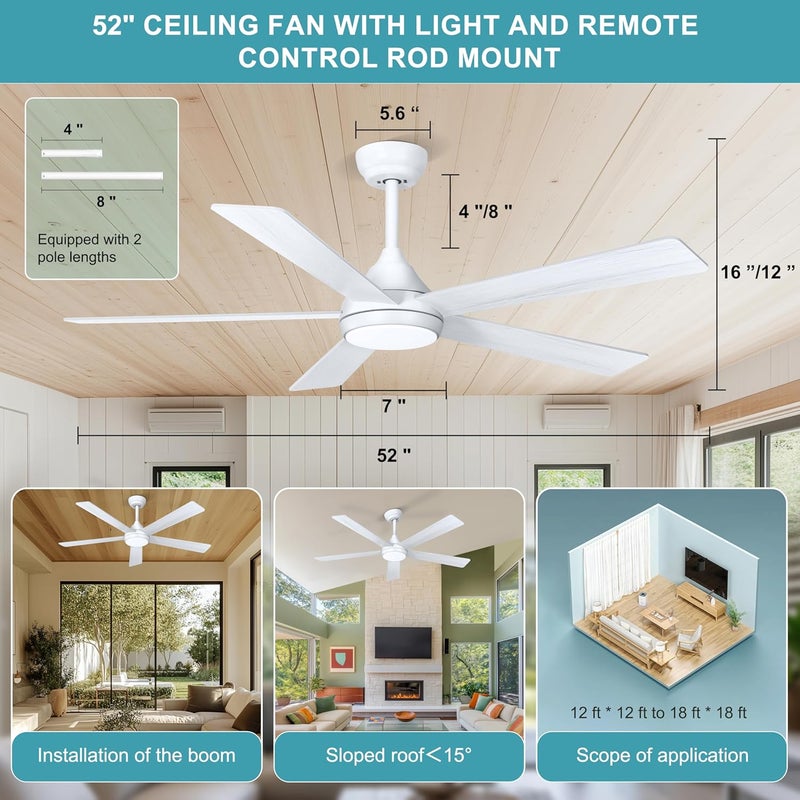Ohniyou 52 Inch Ceiling Fan with Lights and Remote Control, 6 Speeds Dimmable Light, Quiet Reversible Motor, Modern Ceiling Fan for Kitchen, Bedroom, Porch(White) - Image 2