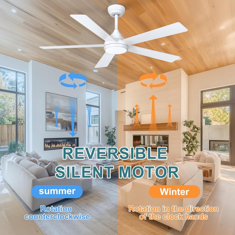 Ohniyou 52 Inch Ceiling Fan with Lights and Remote Control, 6 Speeds Dimmable Light, Quiet Reversible Motor, Modern Ceiling Fan for Kitchen, Bedroom, Porch(White) - Image 5