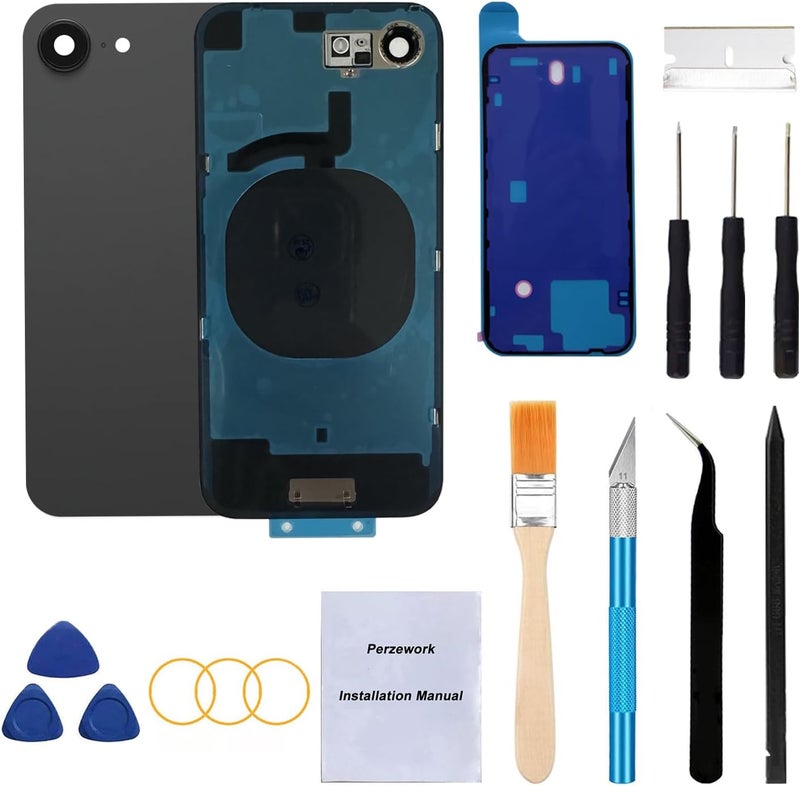 Perzework استبدال الزجاج الخلفي لجهاز iPhone 16e بحجم 6.1 بوصة + لوحة مثبتة مسبقًا وإطار كاميرا وعدسة + مجموعة أدوات الإصلاح (أسود) - Image 1