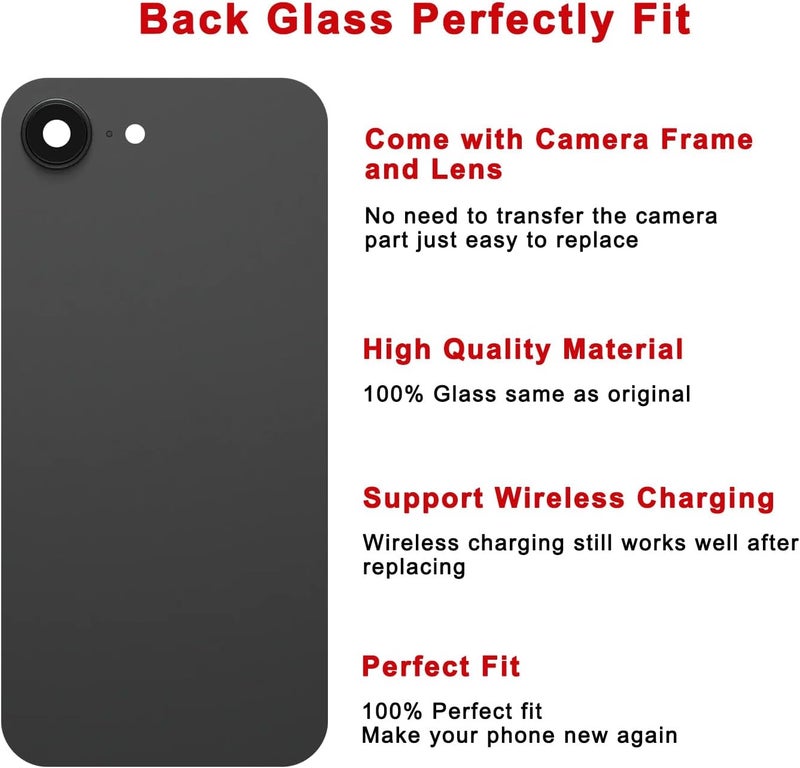 Perzework استبدال الزجاج الخلفي لجهاز iPhone 16e بحجم 6.1 بوصة + لوحة مثبتة مسبقًا وإطار كاميرا وعدسة + مجموعة أدوات الإصلاح (أسود) - Image 3