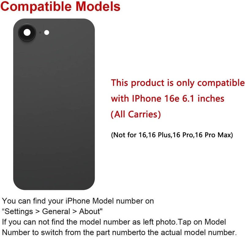 Perzework استبدال الزجاج الخلفي لجهاز iPhone 16e بحجم 6.1 بوصة + لوحة مثبتة مسبقًا وإطار كاميرا وعدسة + مجموعة أدوات الإصلاح (أسود) - Image 2