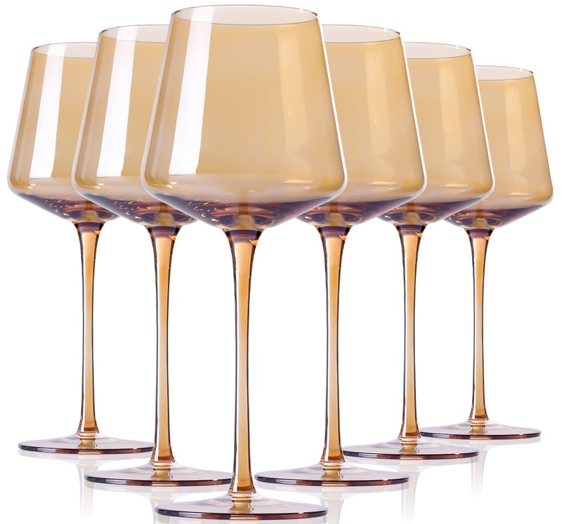 Physkoa Amber Colored Wine Glasses Set 6-16oz Stemmed Modern Amber Wine Glasses With Tall Long Stem and Flat Bottom,Light Brown Glassware for Home Decor - Image 1