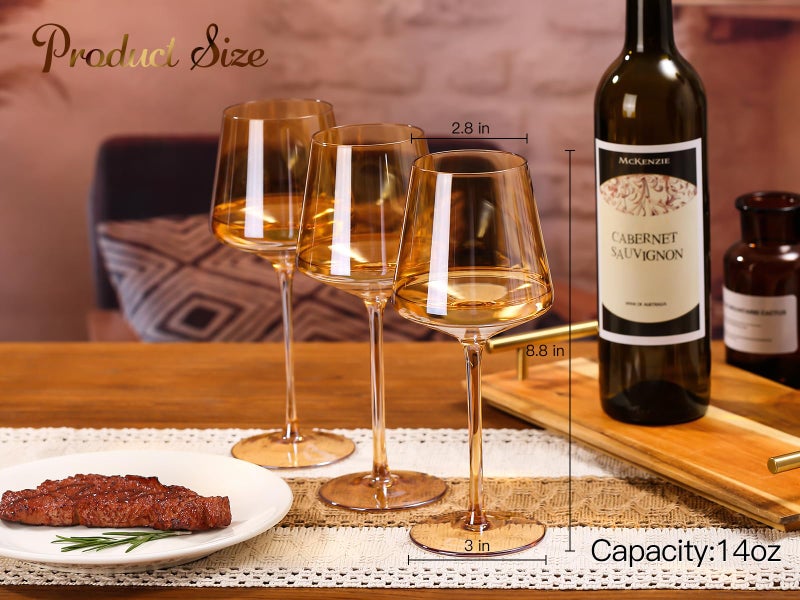 Physkoa Amber Colored Wine Glasses Set 6-16oz Stemmed Modern Amber Wine Glasses With Tall Long Stem and Flat Bottom,Light Brown Glassware for Home Decor - Image 4