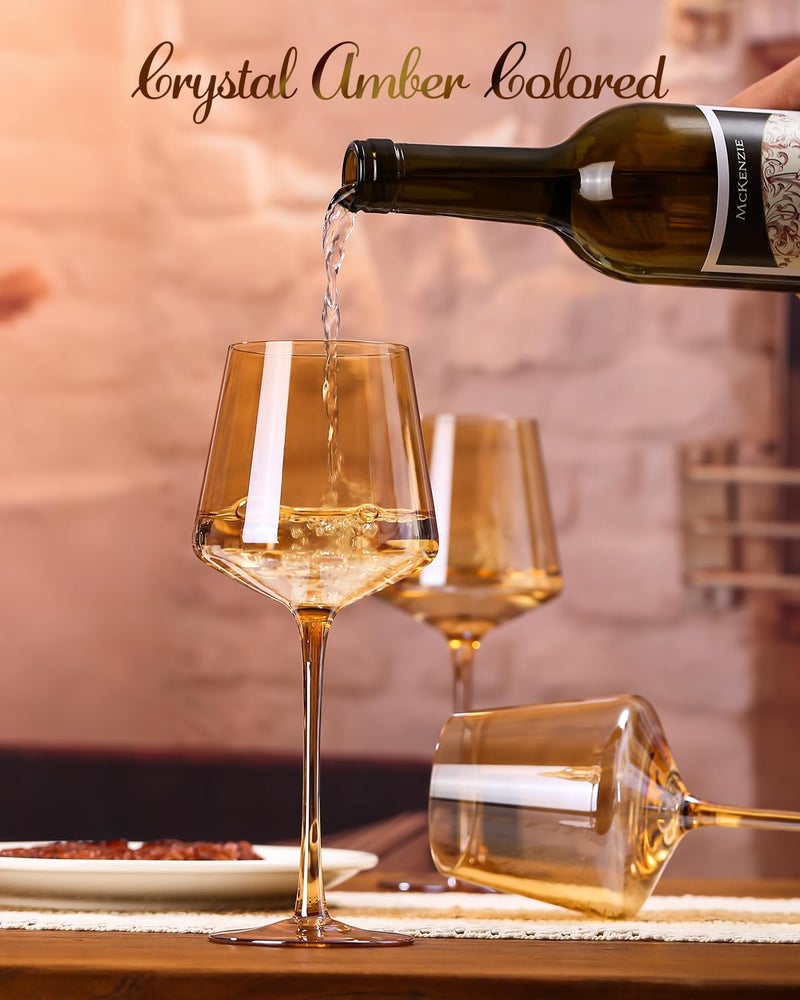 Physkoa Amber Colored Wine Glasses Set 6-16oz Stemmed Modern Amber Wine Glasses With Tall Long Stem and Flat Bottom,Light Brown Glassware for Home Decor - Image 3