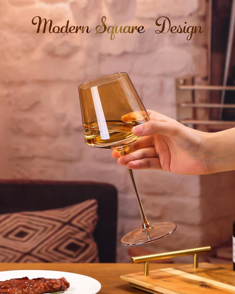 Physkoa Amber Colored Wine Glasses Set 6-16oz Stemmed Modern Amber Wine Glasses With Tall Long Stem and Flat Bottom,Light Brown Glassware for Home Decor - Image 2