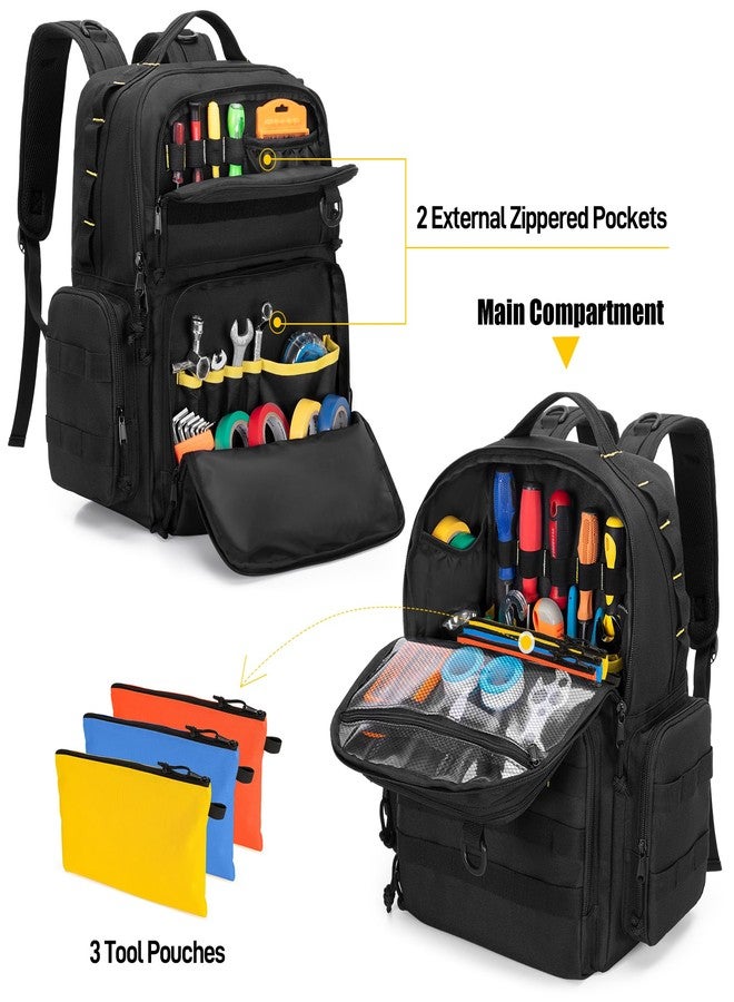 Rexmica Tool Bag Backpack for Men with 3 Tool Pouches, Heavy-Duty Tool Storage Organizer Bag with Padded Shoulder & Waist Support, Tactical Work Tool Bag for Electrician, Repairman, HVAC Techs, Black - Image 3