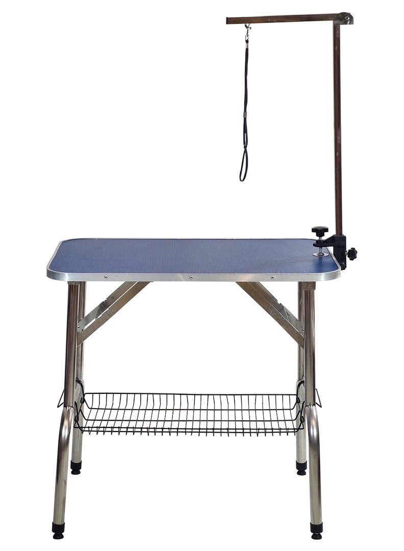 أن ان سي بيتس طاولة قابلة للطي للعناية بالحيوانات الأليفة مع سطح غير قابل للانزلاق، وعوارض عرضية قابلة للطي، ومحطة تجميل محمولة للحيوانات الأليفة الصغيرة والمتوسطة، وتصميم موفر للمساحة، وسلة تخزين، وذراع قابل للتعديل وحبل، 145 سم (أزرق) - Image 1