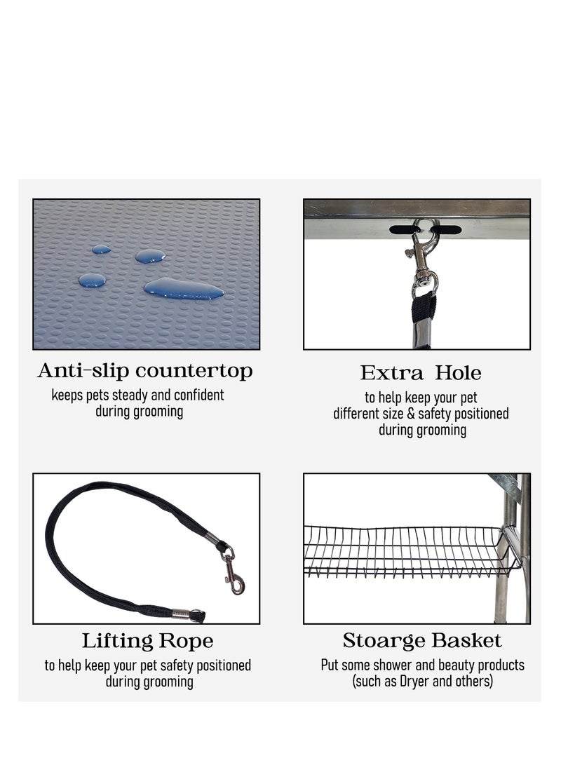 أن ان سي بيتس طاولة قابلة للطي للعناية بالحيوانات الأليفة مع سطح غير قابل للانزلاق، وعوارض عرضية قابلة للطي، ومحطة تجميل محمولة للحيوانات الأليفة الصغيرة والمتوسطة، وتصميم موفر للمساحة، وسلة تخزين، وذراع قابل للتعديل وحبل، 145 سم (أزرق) - Image 3