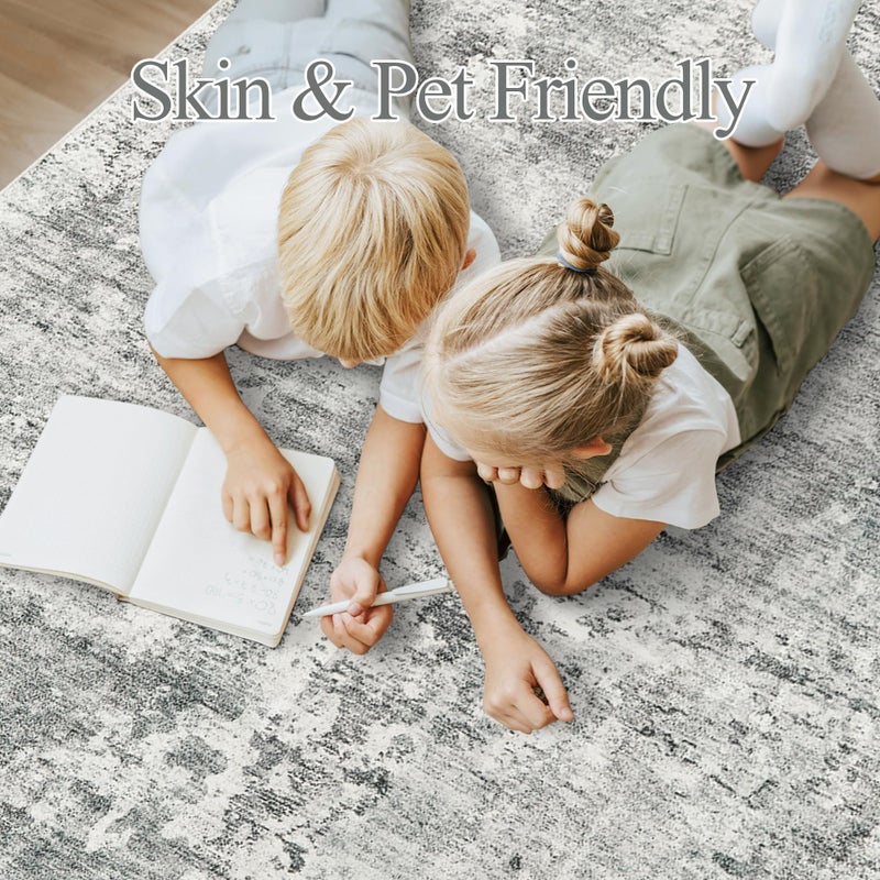 Soalmost Abstract Rug 5x7 Machine Washable Area Indoor Grey White Low Pile Non-Slip Foldable Thin Accent Rugs for Bedroom Living Room Dining Room - Image 4