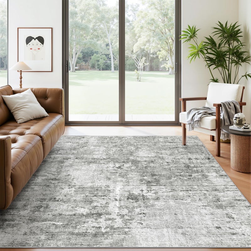 Soalmost Abstract Rug 5x7 Machine Washable Area Indoor Grey White Low Pile Non-Slip Foldable Thin Accent Rugs for Bedroom Living Room Dining Room - Image 2