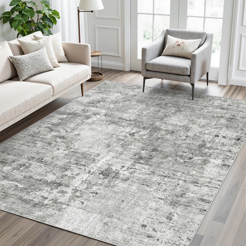 Soalmost Abstract Rug 5x7 Machine Washable Area Indoor Grey White Low Pile Non-Slip Foldable Thin Accent Rugs for Bedroom Living Room Dining Room - Image 1