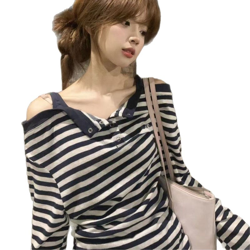 Plus Size Korean Style Off-Shoulder Long Sleeve T-Shirt for Women, Slimming and Concealing - Image 5