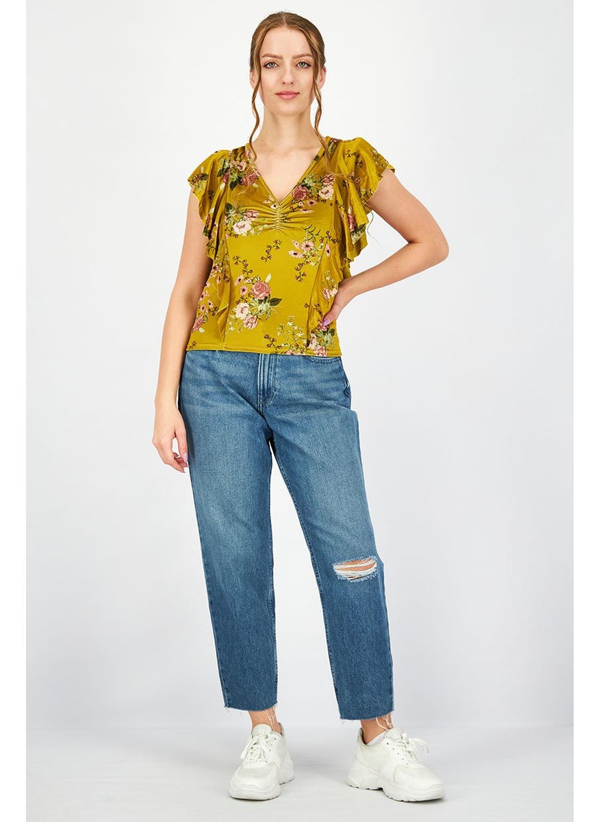 Stradivarius - Women V-neck Ruffle Sleeve Textured Floral Top, Yellow - Image 1