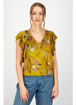 Women V-neck Ruffle Sleeve Textured Floral Top, Yellow