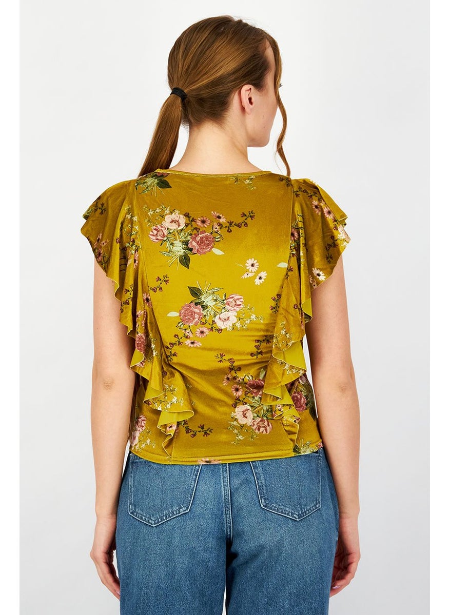 Stradivarius - Women V-neck Ruffle Sleeve Textured Floral Top, Yellow - Image 1