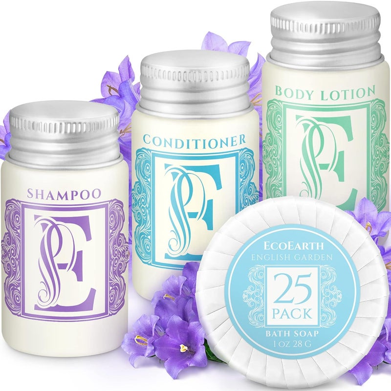 EcoEarth Luxury Travel and Hotel Amenities Set 1 Oz 100 Pieces GradeA Guest Ingredients and Gift Packaging Toiletries Includes 25 Round Soaps 25 Shampoos 25 Conditioners  25 Lotions by EcoEarth