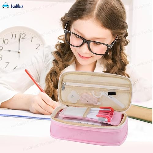 FunBlast Large Capacity Pencil Case, Multiple Compartment Double Zipper Portable Pencil Pouch, Aesthetic Pouch, Kawaii Pencil Case, Cute Pouches for Girls, Stationary Organizer Bag (Pink) - Image 5