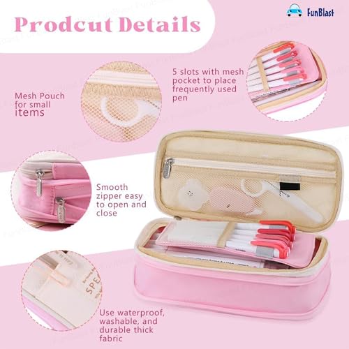 FunBlast Large Capacity Pencil Case, Multiple Compartment Double Zipper Portable Pencil Pouch, Aesthetic Pouch, Kawaii Pencil Case, Cute Pouches for Girls, Stationary Organizer Bag (Pink) - Image 4