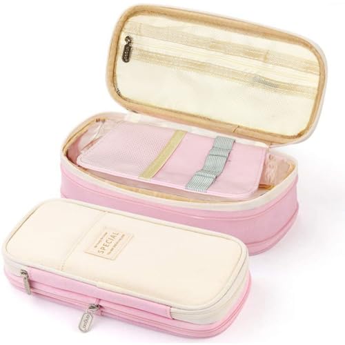 FunBlast Large Capacity Pencil Case, Multiple Compartment Double Zipper Portable Pencil Pouch, Aesthetic Pouch, Kawaii Pencil Case, Cute Pouches for Girls, Stationary Organizer Bag (Pink) - Image 1