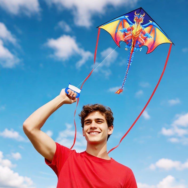 Honbo Large Delta Kite for Kids & Adults,Extremely Easy to Fly Kite for Beach Trip,String Line Included,with Colorful Tail,Perfect for Beginners - Image 2