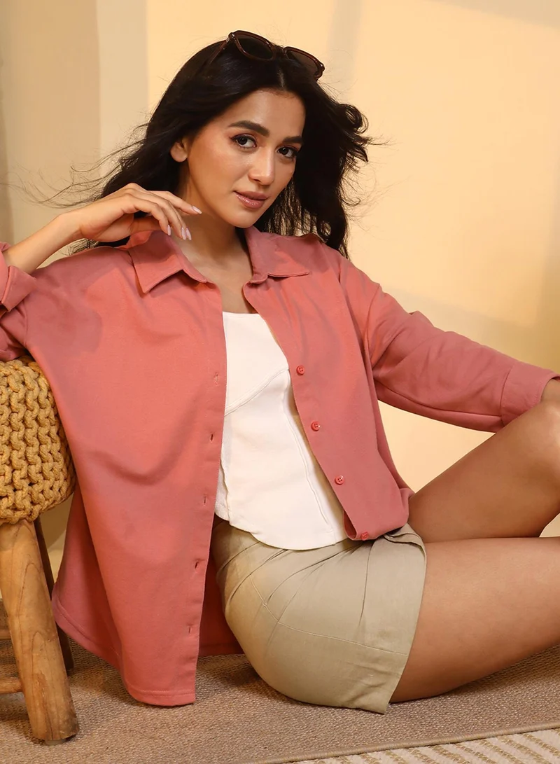 Campus Sutra Women's Salmon Pink Solid Boxy Shirt For Casual Wear | Spread Collar | Long Sleeve | Button Closure | Shirt Crafted With Comfort Fit For Everyday Wear