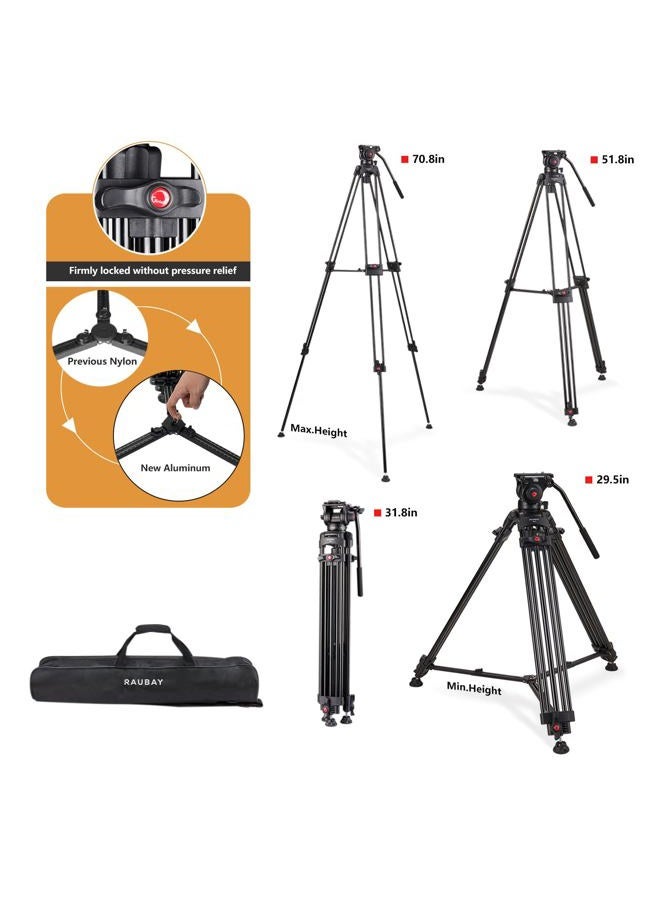 RAUBAY 70.8" Professional Heavy Duty Video Camera Tripod with Fluid Head, QR Plate for DSLR Camcorder, Max Loading 17.6lbs, Aluminum Twin Tube Leg with Metal Mid-Level Spreader DV-1 PRO - Image 3