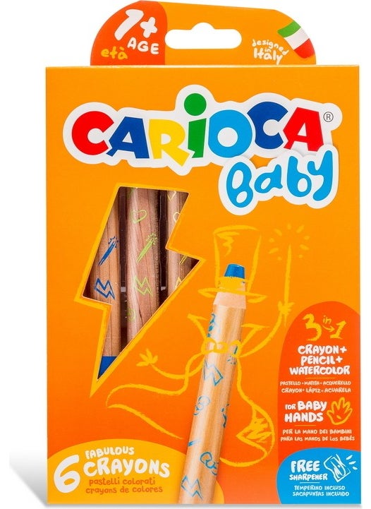 carioca "3 in 1" Jumbo Baby Wooden Body Dry Crayons 6 Pcs  - Image 1