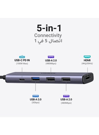 موزع USB C مع شحن PD بقوة 100 واط، محول من النوع C إلى HDMI 4K 30 هرتز، منافذ نقل بيانات USB Hub 3.0 بسرعة 5 جيجابت في الثانية، متوافق مع MacBook Pro/Air /Neo2023 M2/M1، iPad Pro/Air، HP، Dell، ASUS، Lenovo، إلخ فضي رمادي - view 3