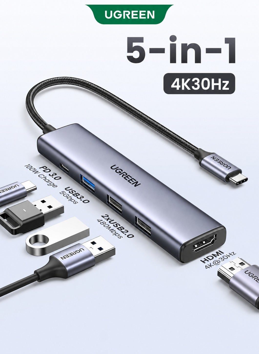 USB C Hub With 100W PD Charging Type C to HDMI 4K At 30Hz Adapter USB Hub 30 5Gbps Data Transfer Ports Compatible For MacBook Pro Air M3 M2 M1 iPad Pro M4 iPhone 16 15 Pro Pro Max Lenovo Dell HP Macbook Neo