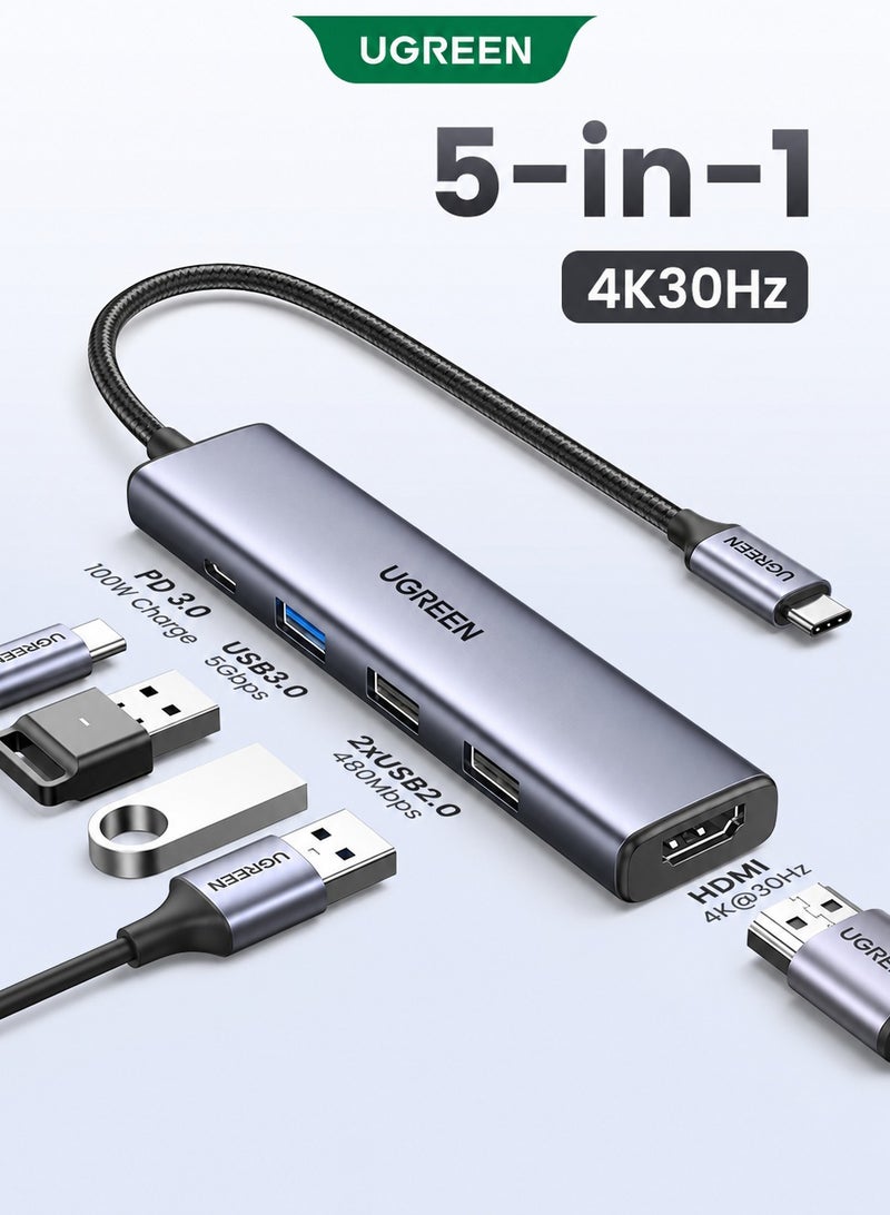Ugreen USB C Hub With 100W PD Charging Type C to HDMI 4K At 30Hz Adapter USB Hub 30 5Gbps Data Transfer Ports Compatible For MacBook Pro Air M3 M2 M1 iPad Pro M4 iPhone 16 15 Pro Pro Max Lenovo Dell HP Macbook Neo Grey - Image 1
