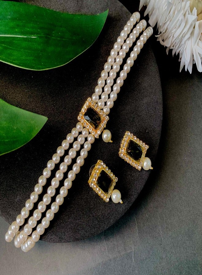 I Jewels Indian Wedding Bollywood Stone Pearl Choker Necklace With Earring Jewellery Set For Women (Style 7) - Image 2