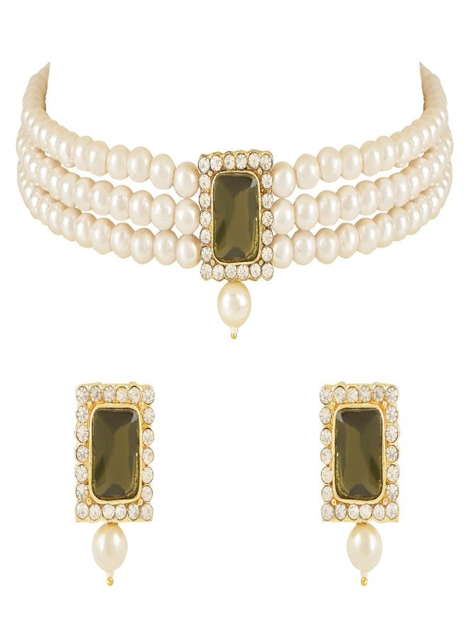 I Jewels Indian Wedding Bollywood Stone Pearl Choker Necklace With Earring Jewellery Set For Women (Style 7) - Image 1