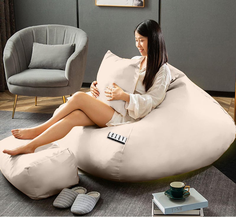 LEXAVI Brand® - Jumbo Bean Bag with Rectangular Extra Comfortable Footrest & Comfy Cushion with Beans Filled I Imported Soft Orchid Leatherite Bean Bag Chair (Ready to Use) Color- (4XL - Cream) - Image 1