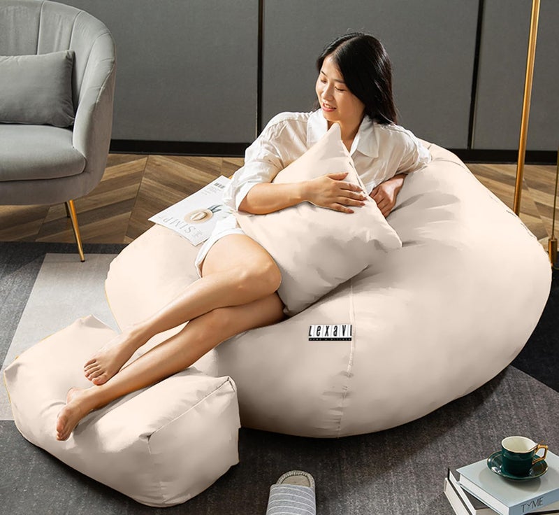 LEXAVI Brand® - Jumbo Bean Bag with Rectangular Extra Comfortable Footrest & Comfy Cushion with Beans Filled I Imported Soft Orchid Leatherite Bean Bag Chair (Ready to Use) Color- (4XL - Cream) - Image 2
