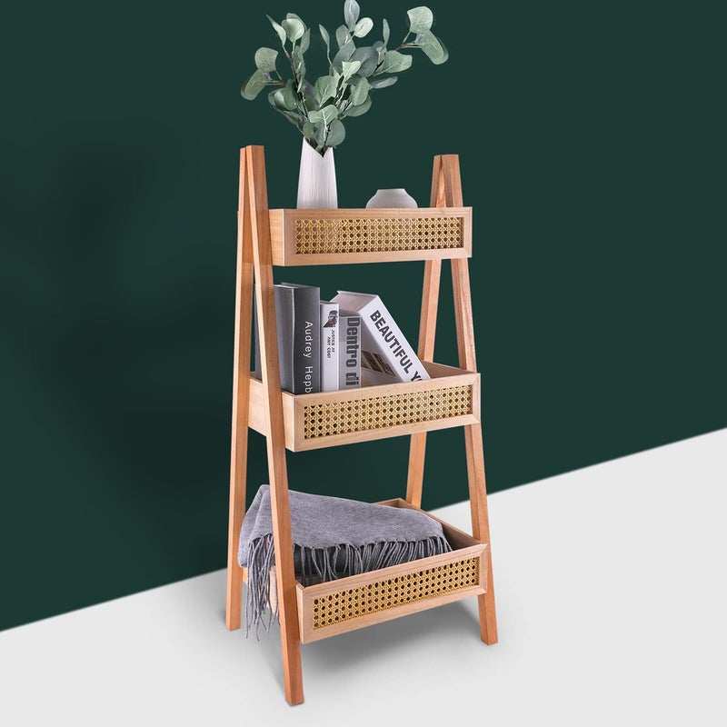 ZYBT ZYBT Ladder Bookshelf 3Tier Rattan Bookshelf Free Standing Bookcase Blanket Ladder Wood Organizer Storage Shelves for Living Room Bedroom Kitchen Balcony and Home Office 