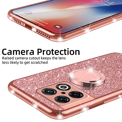 nancheng for OnePlus 10 Pro 5G Phone Case Cute Girls Women Luxury Glitter Soft Clear Silicone Phone Case with Ring Kickstand Shockproof Protection Cover - Rose Gold - Image 2