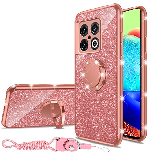 nancheng for OnePlus 10 Pro 5G Phone Case Cute Girls Women Luxury Glitter Soft Clear Silicone Phone Case with Ring Kickstand Shockproof Protection Cover - Rose Gold - Image 1