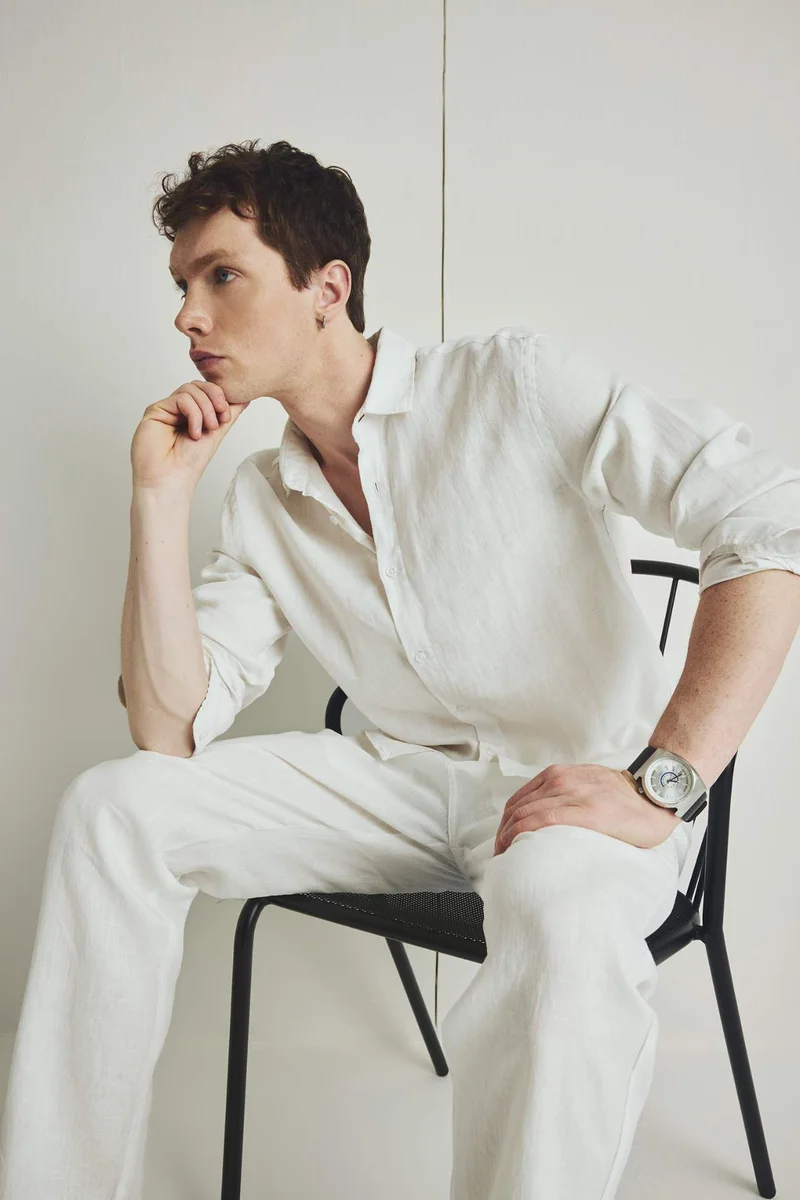 ديفاكتو 100% Linen Regular Fit Polo Collar White Shirt
