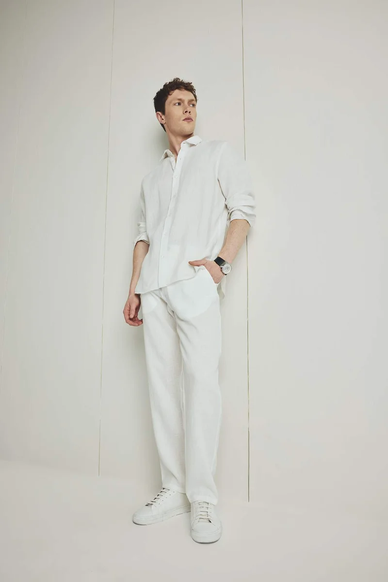 ديفاكتو 100% Linen Regular Fit Polo Collar White Shirt