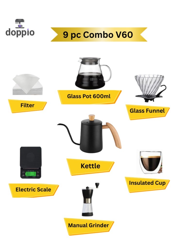 دوبيو مجموعة Doppio V60 مكونة من 9 قطع من الملحقات المميزة مع غلاية وخادم مقياس المنقط - Image 3