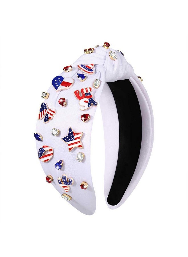 Boderier 4Th Of July Headband Usa Cactus Star Headband Jeweled Crystal Embellished Knotted Headband Usa American Flag Headband Independence Day Patriotic Holiday Acessories (Usa Charms)  - Image 1