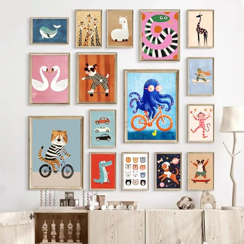Aroutde 16Pcs Cartoon Animal Canvas Wall Art Nursery Room Funny Animal Pictures Octopus Tiger on Bikes Dog Turtle Skateboard Posters for Toddler Baby Kids Bedroom Playful Nursery Playroom Decor - Image 5