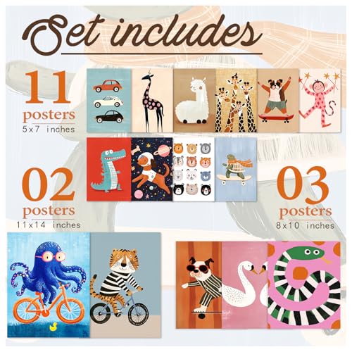 Aroutde 16Pcs Cartoon Animal Canvas Wall Art Nursery Room Funny Animal Pictures Octopus Tiger on Bikes Dog Turtle Skateboard Posters for Toddler Baby Kids Bedroom Playful Nursery Playroom Decor - Image 4