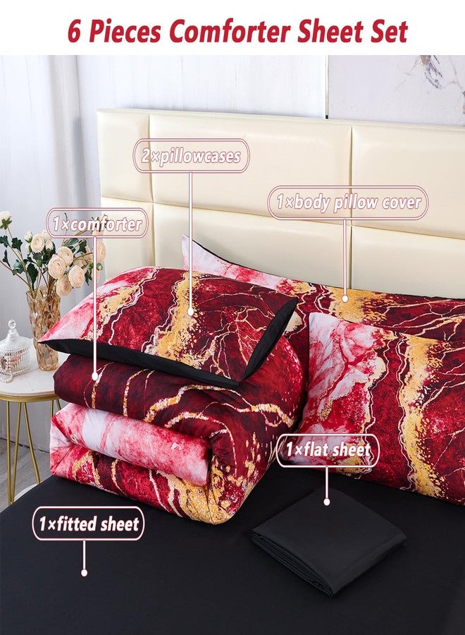 PERFEMET 6-Piece Marble Queen Comforter Red and Gold Bed in A Bag Set Abstract Burning Mountain Marble Bed Comforter Set Soft Luxury Retro Artwork Tie Dye Bed Set(Red, Queen) - Image 3