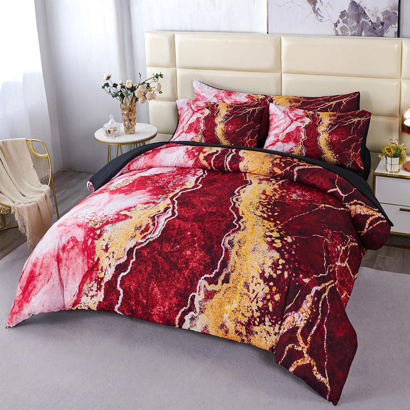 PERFEMET 6-Piece Marble Queen Comforter Red and Gold Bed in A Bag Set Abstract Burning Mountain Marble Bed Comforter Set Soft Luxury Retro Artwork Tie Dye Bed Set(Red, Queen) - Image 1