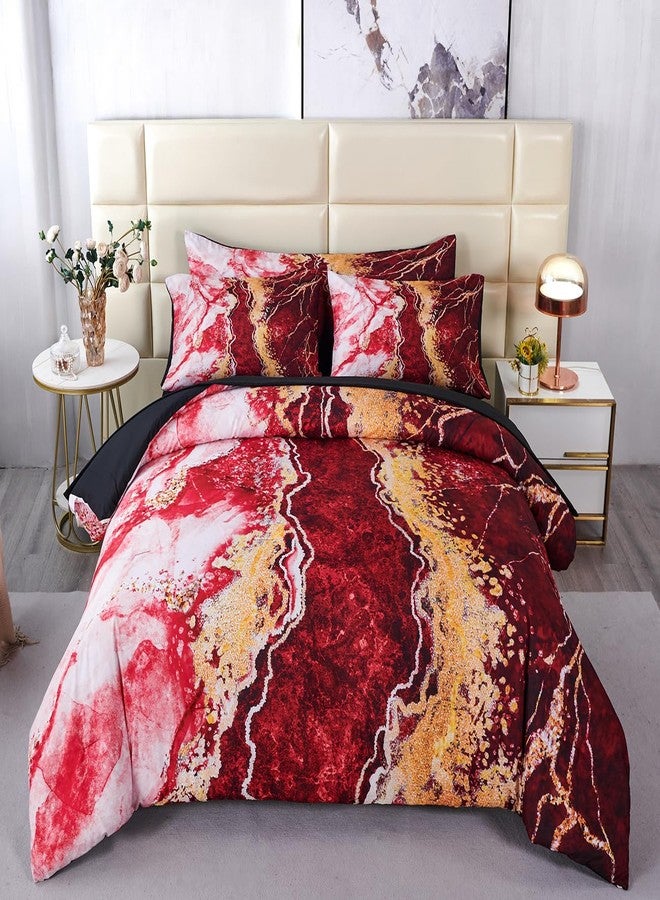 PERFEMET 6-Piece Marble Queen Comforter Red and Gold Bed in A Bag Set Abstract Burning Mountain Marble Bed Comforter Set Soft Luxury Retro Artwork Tie Dye Bed Set(Red, Queen) - Image 2