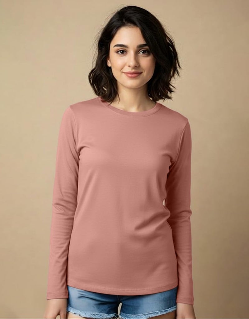JUNEBERRY® Pure Cotton Round Neck Regular Fit Core Fashion Solid Full Sleeve T-Shirt for Women & Girls (JB_FS_REG_PK66_L) Pink - Image 2